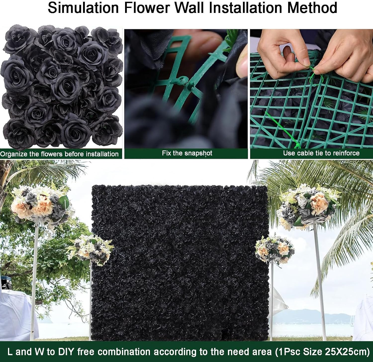 Black Silk Rose Flower Panels Wall, 12 Pcs Artificial Flowers Decoration for Welcome Table, Party, Anniversary, Church Wall, Stage Background, 25x25cm